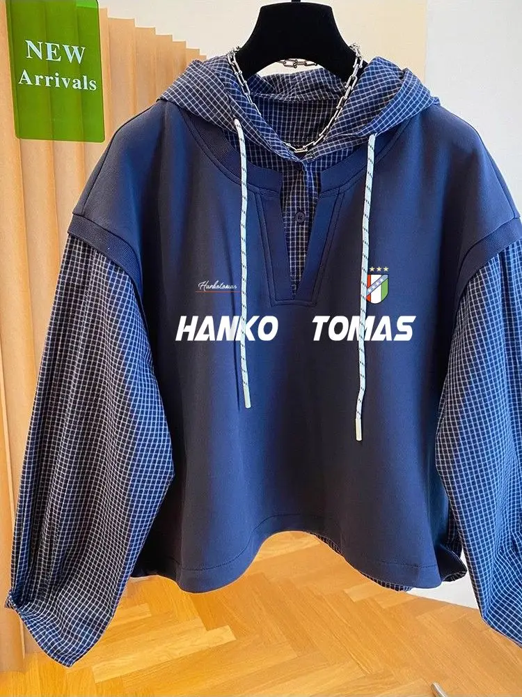 レトロ香港スタイル格子柄パッチワークパーカー、ゆったりカジュアルロングスリーブメンズ春秋怠惰なスタイルトップス快適なスウェットシャツ