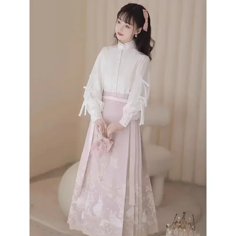 Autumn Ming Dynasty Lace Collar Long Sleeved Shirt Rabbit Printed Horse Face Skirt Women Improved Chinese Style Hanfu Dresses