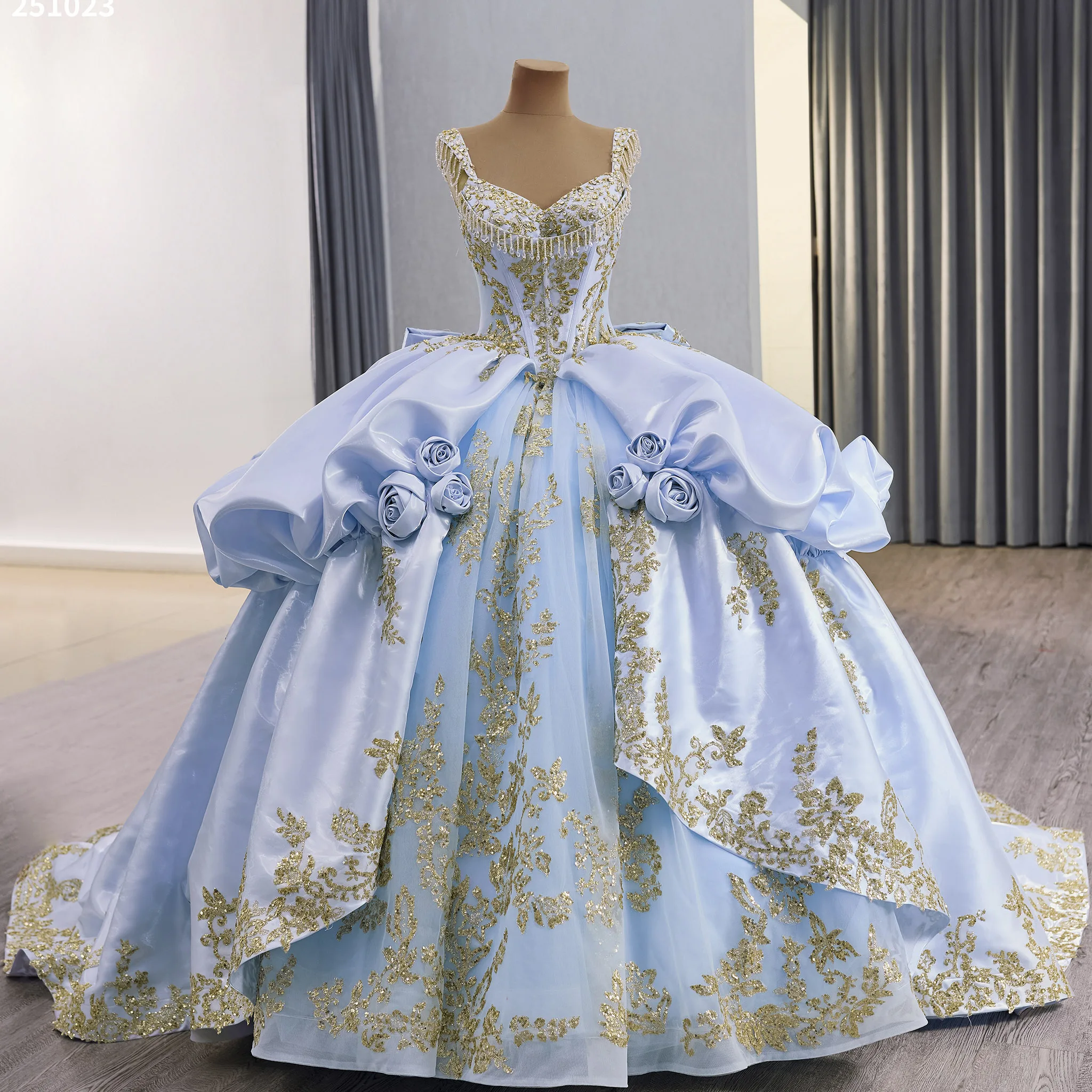 

Rosymae голубое и золотое платье Quinceanera с цветочным принтом и рюшами, элегантное роскошное платье со сверкающими кристаллами и стразами для официальных мероприятий