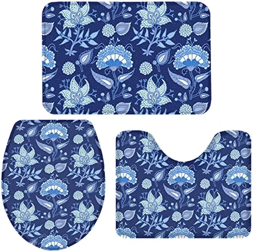 3 Piece Bathroom Rugs Tie-Dye Indigo Floor Mat U-Shaped Contour Rug and Toilet Lid Cover,Non Slip Bath Mats Doormat