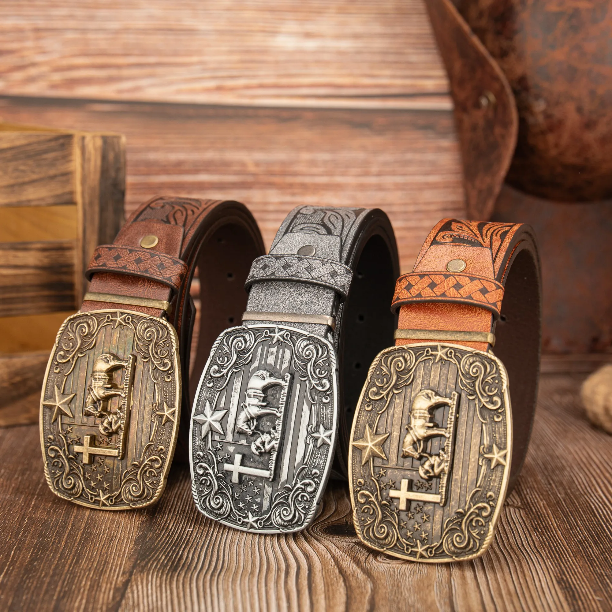 Symmetrical five-star pattern Wrangler buckle, retro trend aged phoenix tail pattern PU embossed belt