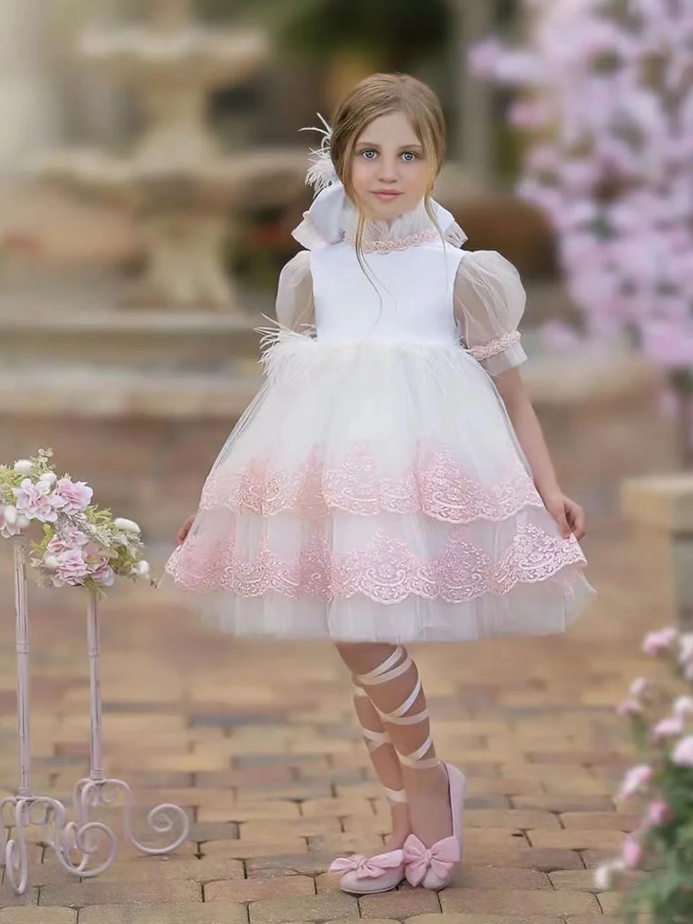 Vestido de flores para niña, apliques de tul hinchados, vestidos de fiesta de cumpleaños para niños, plumas de boda con lazo, vestido de baile de primera comunión