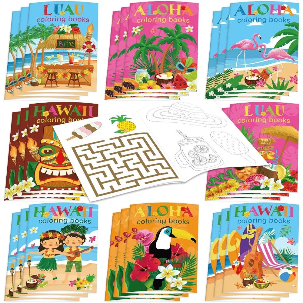 24 Uds. Libro para colorear de verano, libro para colorear hawaiano Luau a granel Hawaii océano playa fruta Hula fiesta flamenco Mini dibujo artístico DIY