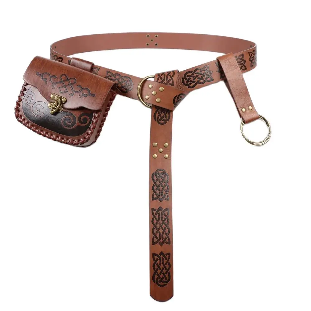 Medieval Cosplay Belt Leather Embossed Retro Belt Copper Coin Waist Bag with Key Hiking Skirt Clip Halloween Cosplay Dress up