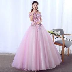 Vestido de fiesta de princesa con hombros descubiertos y flores encantadoras para mujer, vestido de noche púrpura claro, fiesta de cumpleaños