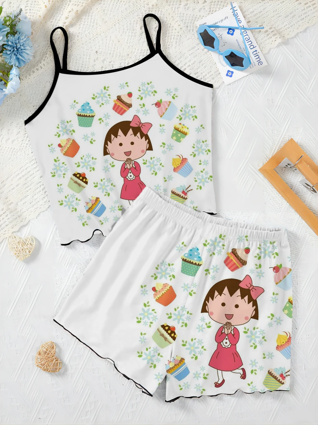 Chibi Maruko-chan Elegant Women's Sets Home Dress Lettuce Trim Top T-shirt Pajama Skirt Pieces Short Summer Suit Slip Dress Top