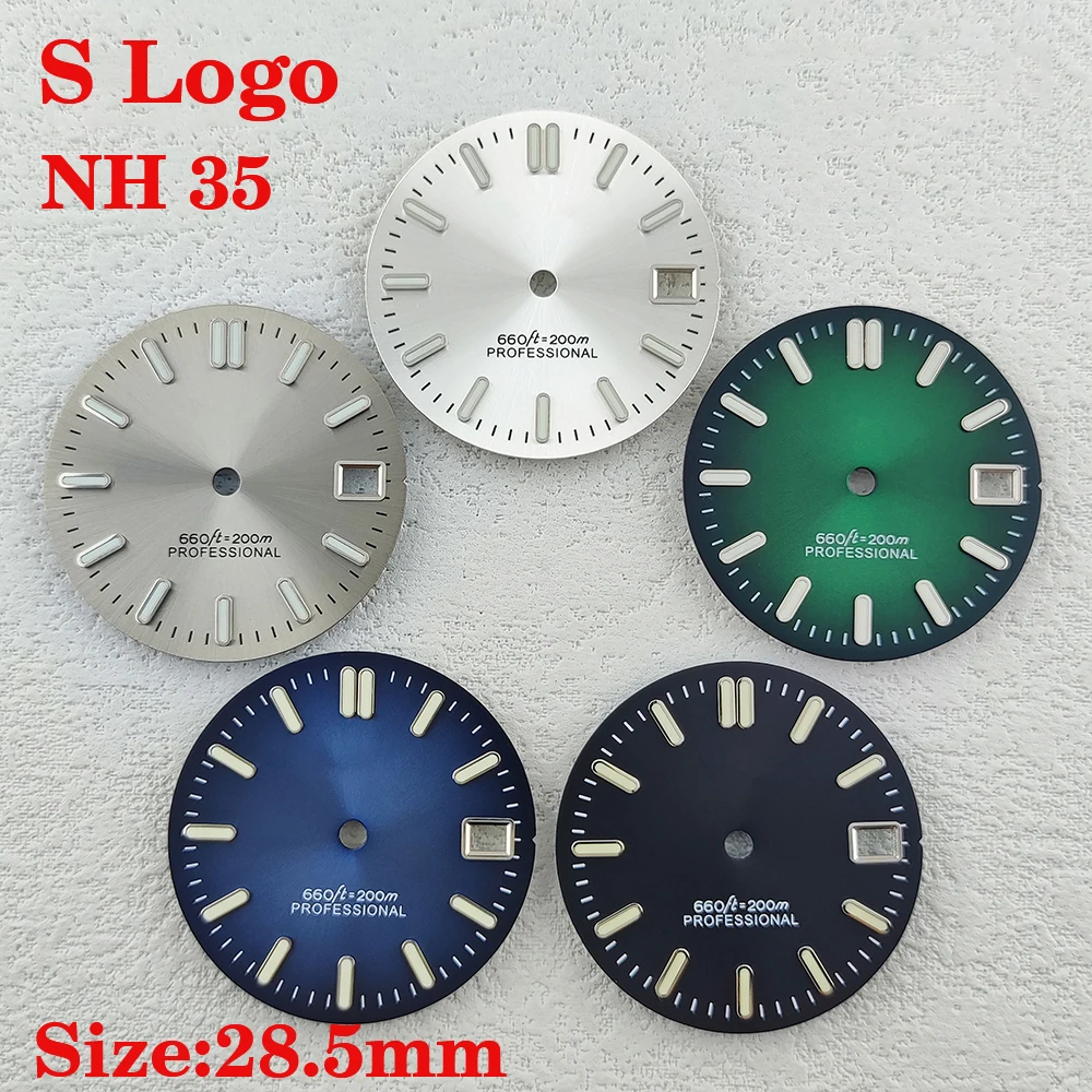 

28.5mm NH35 dial with S logo men's watch dial, green luminous hands N series 35 automatic movement watch accessories