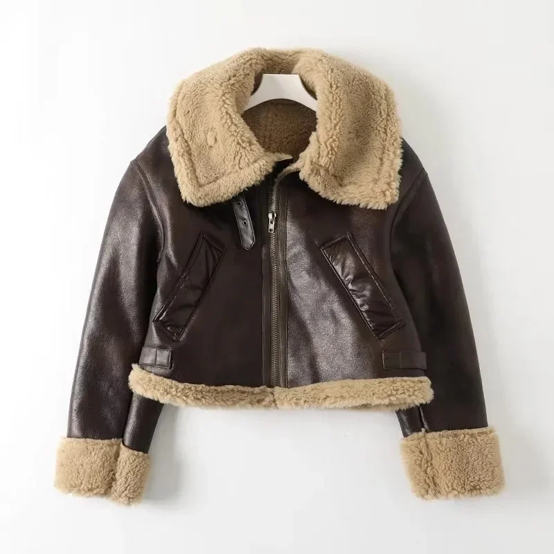 Chaqueta de piel sintética marrón para chicas, moda Vintage de los años 90, abrigo para mujer, abrigos gruesos con forro de piel cálida para invierno, prendas de vestir exteriores