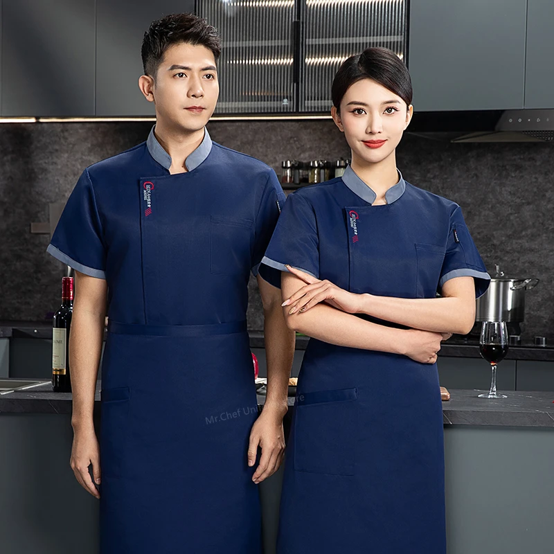 Uniforme de Chef à manches courtes pour hommes, veste de chef de Restaurant avec tablier, manteau de cuisinier, T-shirt de Chef, uniforme de travail, vêtements de serveur d'hôtel, Logo