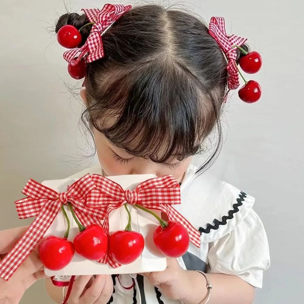 

Red Cherry Cloth Bow Girls Hair Clip Plaid Lace Bow Ribbon Strawberry Cherry Hairpin Kawaii Side Bangs Clip Barrettes Headwear