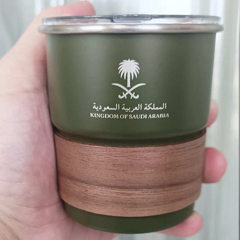 National Emblem of Saudi Arabia Logo New Stainless Steel Cup Beer Mug with Lid Wood 300ml Outdoor Camping Coffee Mug Gift Cups