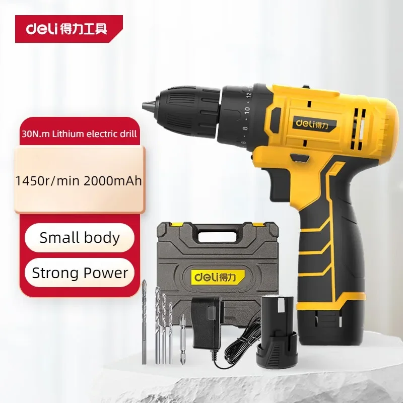 Deli-Cordless High-Power Electric Tapping Drill, Lithium Battery, Dual Speed, Household Screwdriver, Power Tool