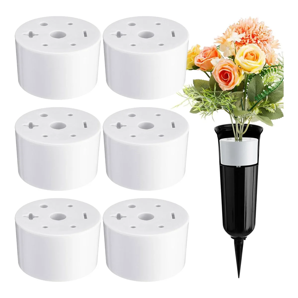 6 Pcs Cemetery Grave Vase Inserts Plastic Cemetery Flowers Holder Bracket with 7 Hole Cylindrical Reusable