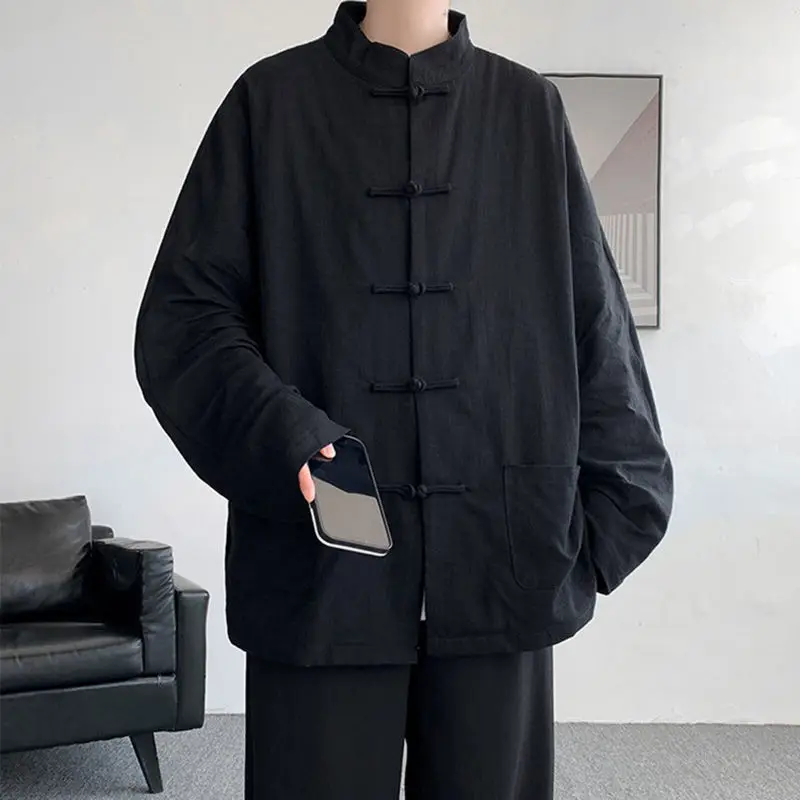 

New Chinese Sle Linen irt Men's Faion Republic of China Tang Suit Hanfu Long Coat M Ethnic Clothing National Costume