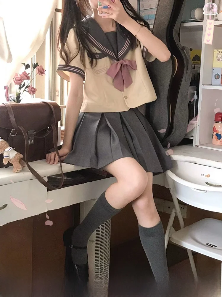 

plus Size Summer Japanese Sle JK orm ort Sve Loose Navy Collar f-length Sailor Suit for Women Faionable Ensemble