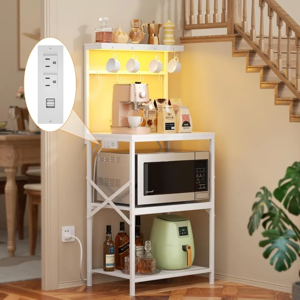 Kitchen Bakers Rack with Power Outlet & LED Lights, Small Coffee Bar Table with Adjustable Storage Shelf, 4 Tiers Microwave Stan