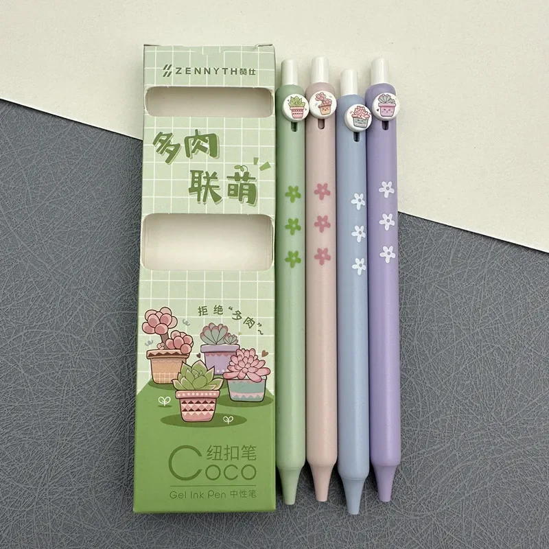 4pcs Succulent Plants Gel Pens Set Green Potting 0.5mm Ballpoint Black Color Ink for Writing Girl Gift F7568