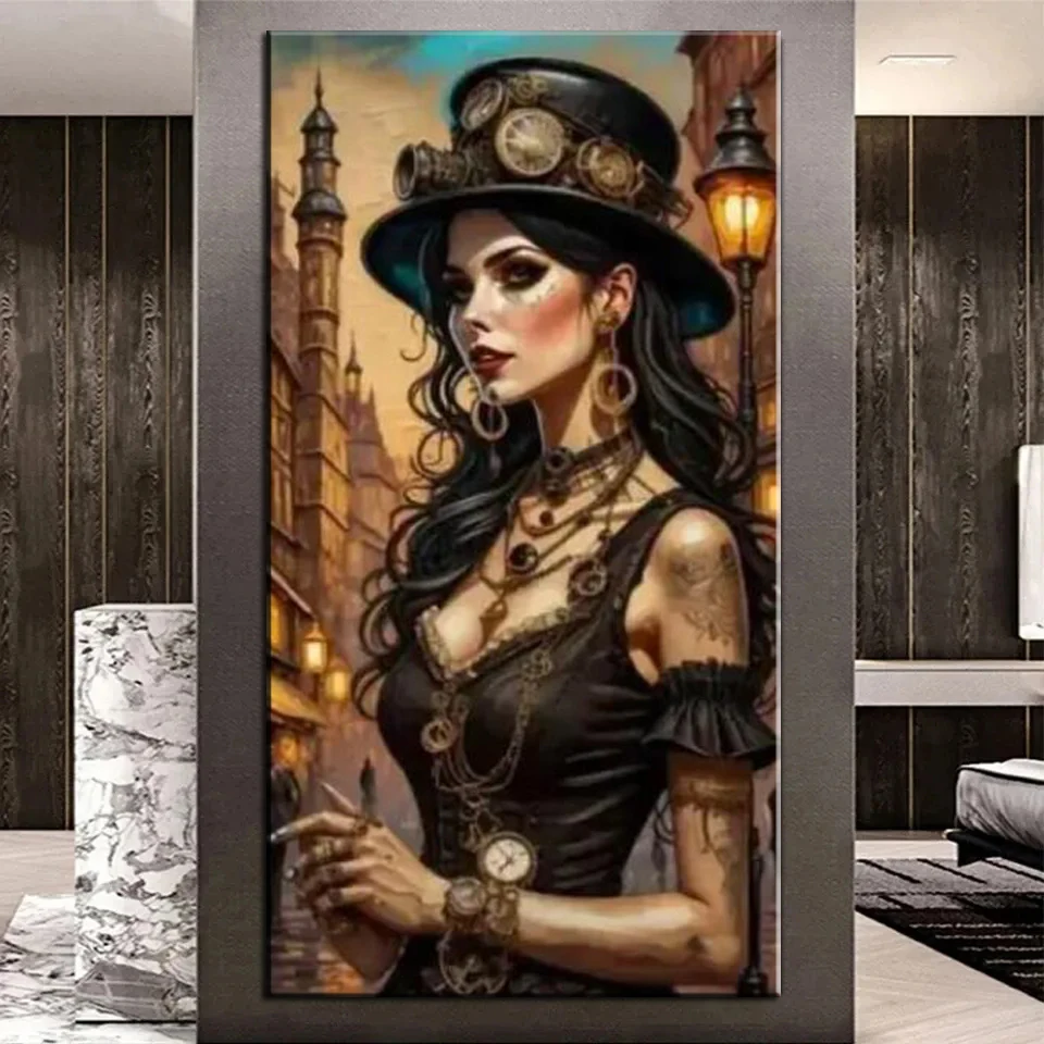 

5D Diy Diamond Arts Steampunk Hatted Woman Skull Painting Cross Stitch Large Size Mosaic Embroidery Girl Flowers Picture G397