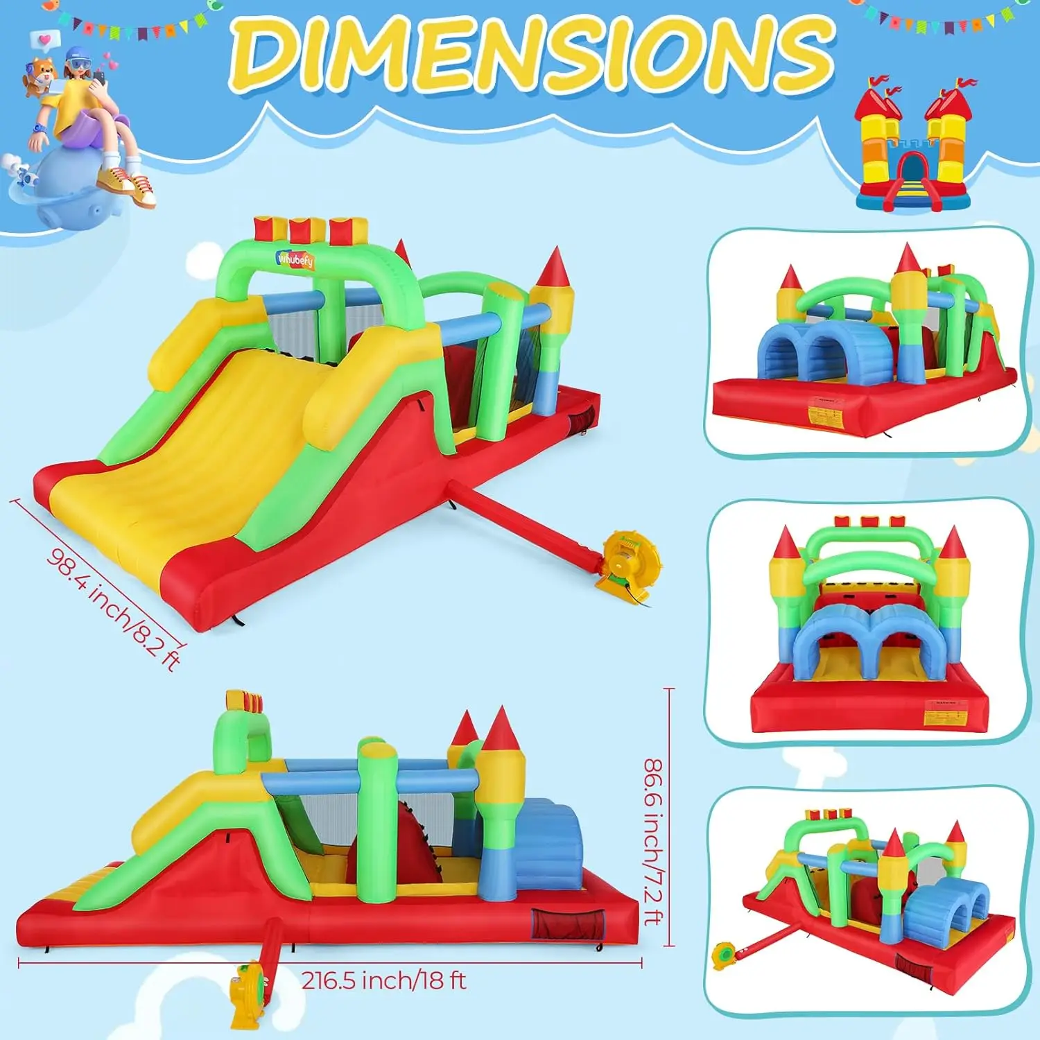 Opblaasbare hindernisbaan voor Big18 x 8.2FT Kids 3-6 Bounce House Castle dubbele tunnels, grote glijbaan, klimmen, obstakels