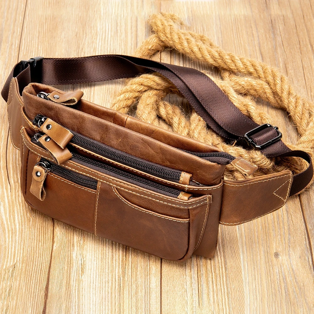 2 Use Crazy Horse Leather Men\'s Waist Bag Fanny Chest Pack Cowhide Belt Bag Male Small Travel Waist Bag For Phone Pouch