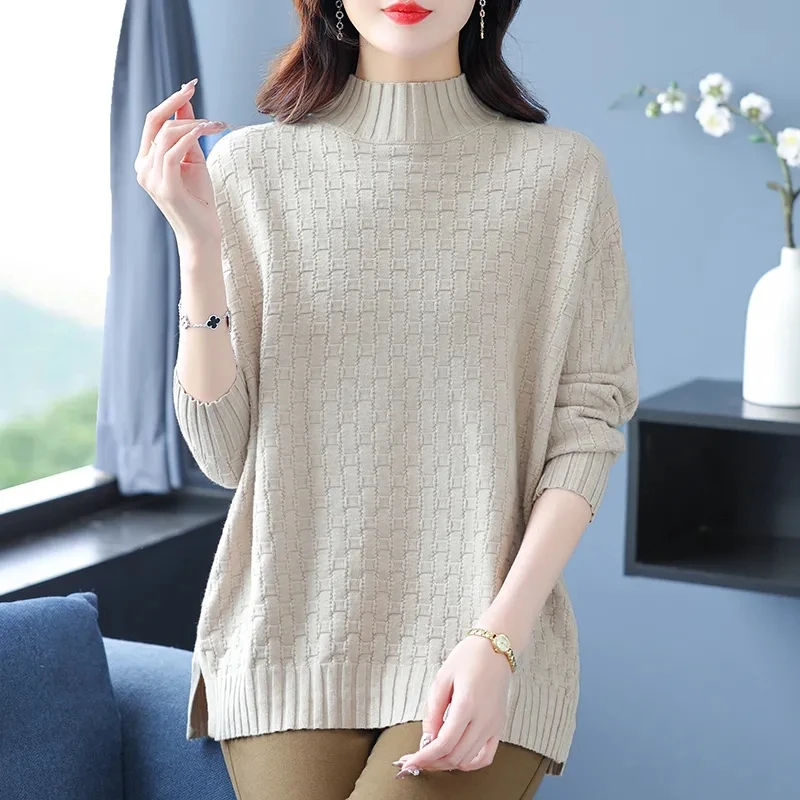 Half High Neck Sweater For Women Autumn Winter Korean Loose Large Size Knitted Sweater Pullovers Female O-Neck Jumper Full Tops