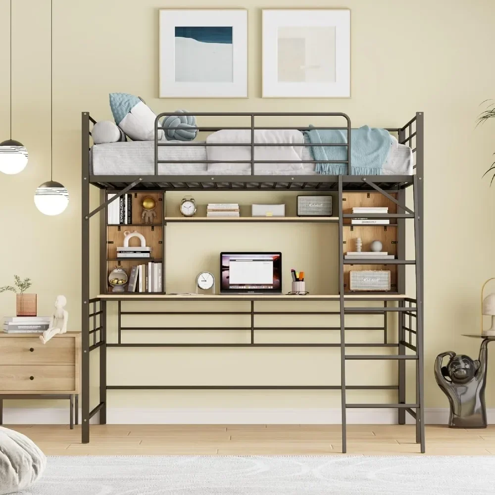 Bunk Beds Full Queen Size Bed, Bed Frame Black Loft Bed Metal with Desk and Shelf, Ladder Max 250Lbs Bunk Beds for Kids