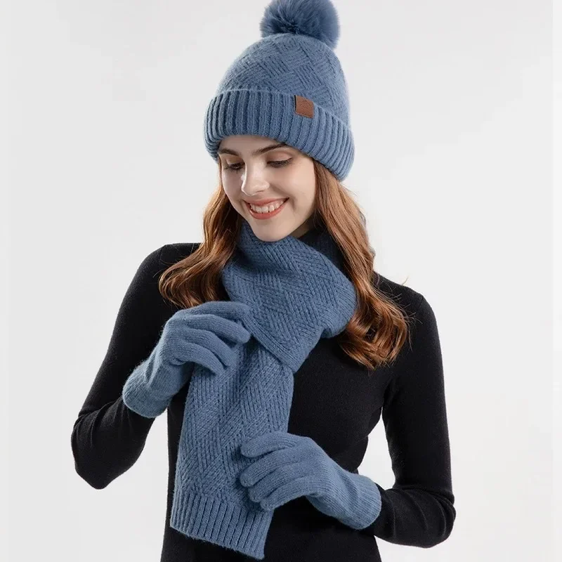 

3pcs/set Winter Beanie Hat Scarf Touchscreen Gloves Set for Women Warm Knit Fleece Lined Hat Set Leather Label Fur Ball Cap