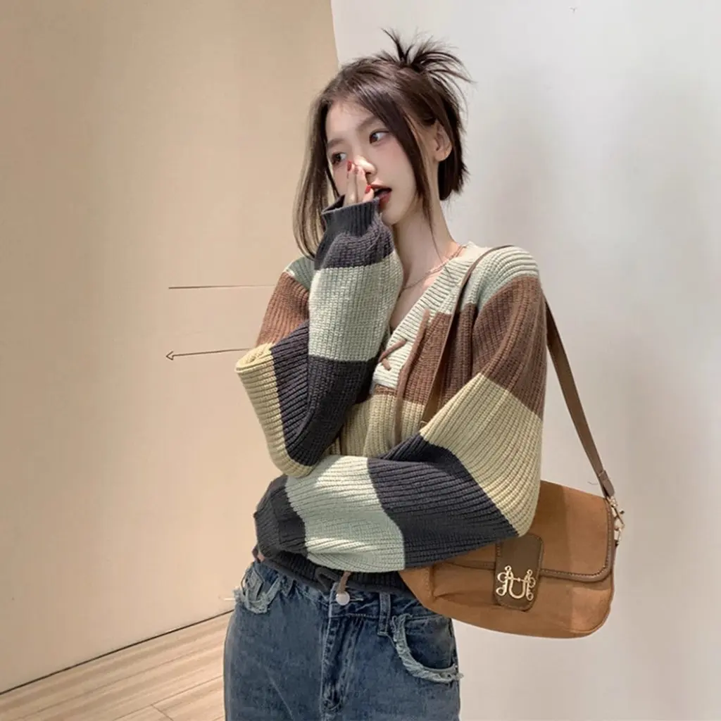 

Women's Striped Contrast Color Lace-Up Knitted Sweater V-Neck Loose Top Long Sleeve Autumn Winter New Design
