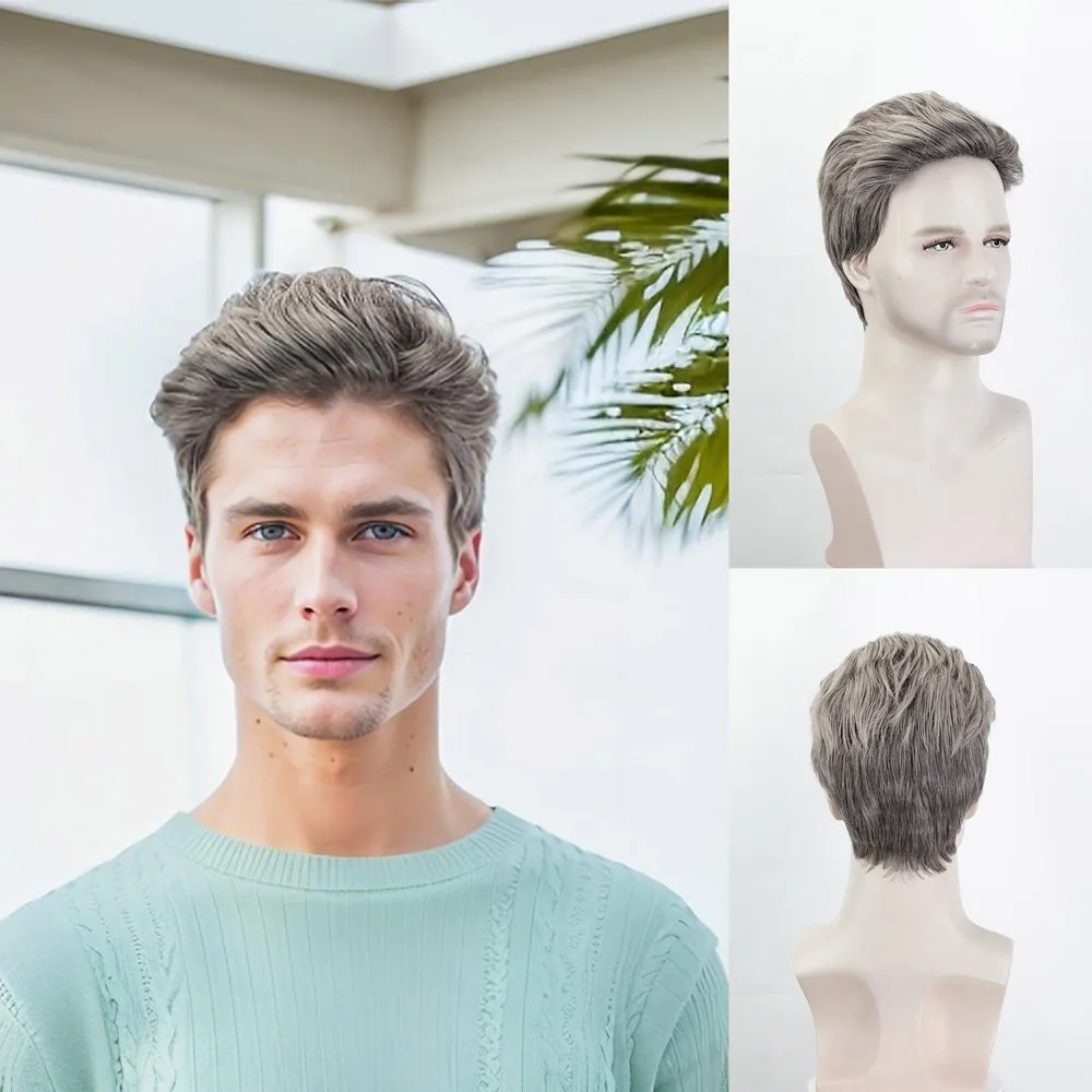 

Men's Natural Silver Gray Short Straight Heat Resistant Toupee Hairpiece Ready to Wear Daily Life Hair System