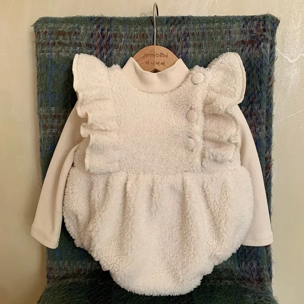 

Baby Girls Ruffle Vest Romper Korean Infant Boy Thicken Jumpsuit Playsuit Christmas Newborn Clothes 2025 Winter Plush Warm Lamb
