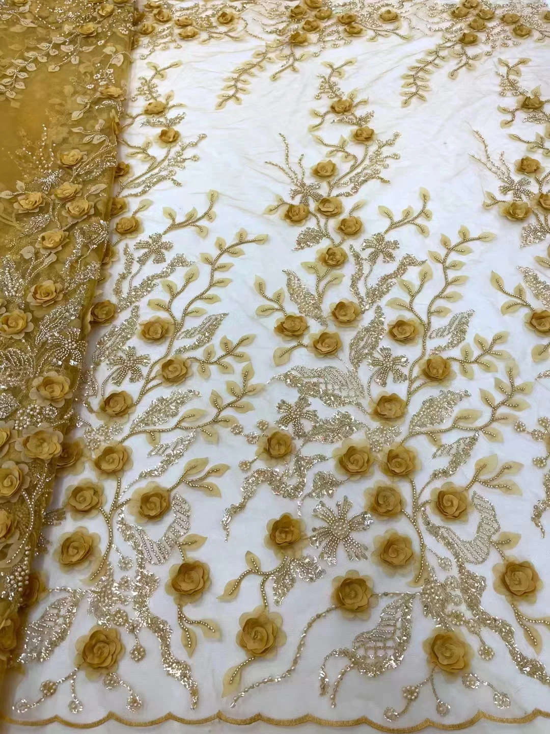 New high-end 3D three-dimensional flower bead tube sequins, European and American exquisite lace embroidery evening dress fabric