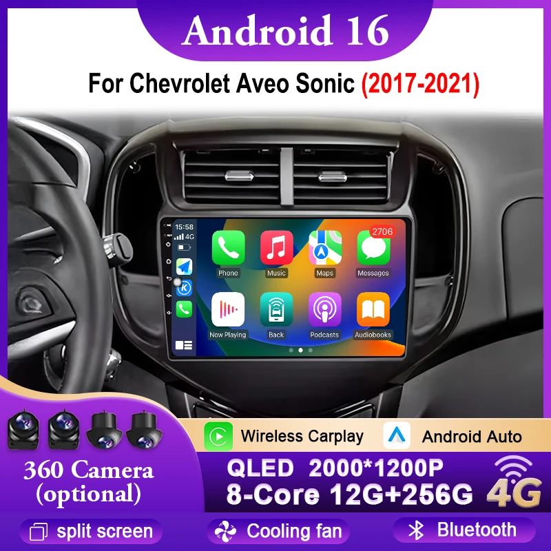 Rádio Automotivo Multimídia Android 16 CarPlay para Chevrolet Aveo Sonic 2017 - 2021 com Navegação GPS, Áudio Estéreo e Bluetooth