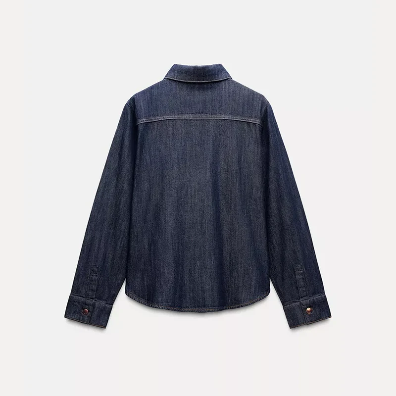 ample Long Sve Denim irt femmes décontracté trajet Sle simple rangée plusieurs boutons col Simple fibre de Polyester 00%