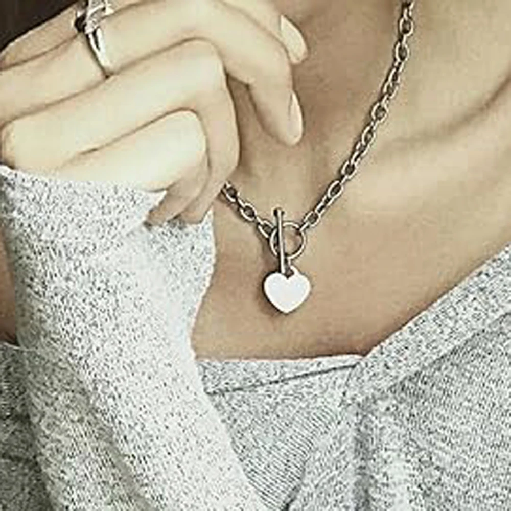 Stainless Steel Heart Charm Cable Chain Bracelet Necklace Set with Toggle Clasp Punk Rock Collar Necklace for Women Men