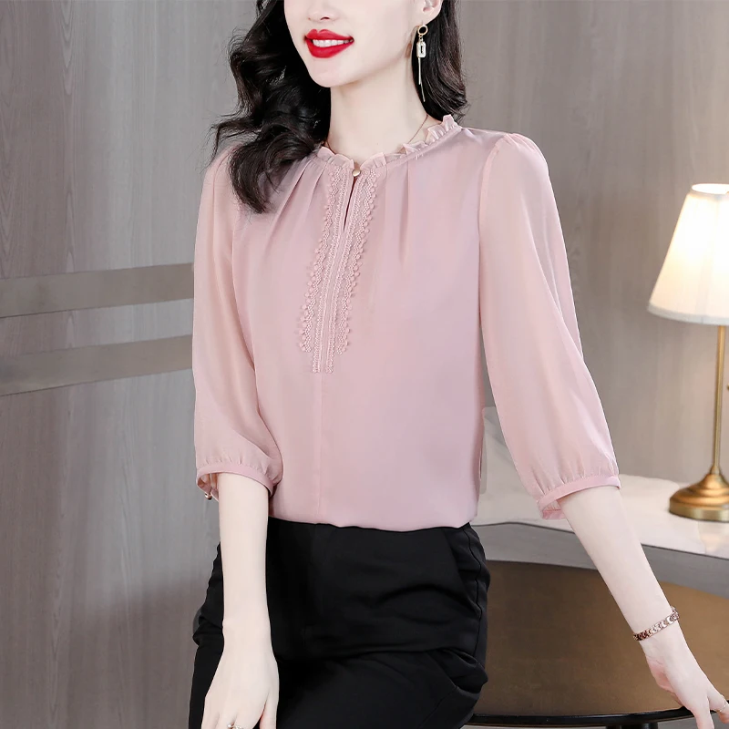 Silk Pink Solid Women\'s Top Chiffon Shirt 2023 Spring/Summer New O-Neck Silk Shirt Breathable Lightweight Shirt Small Shirt