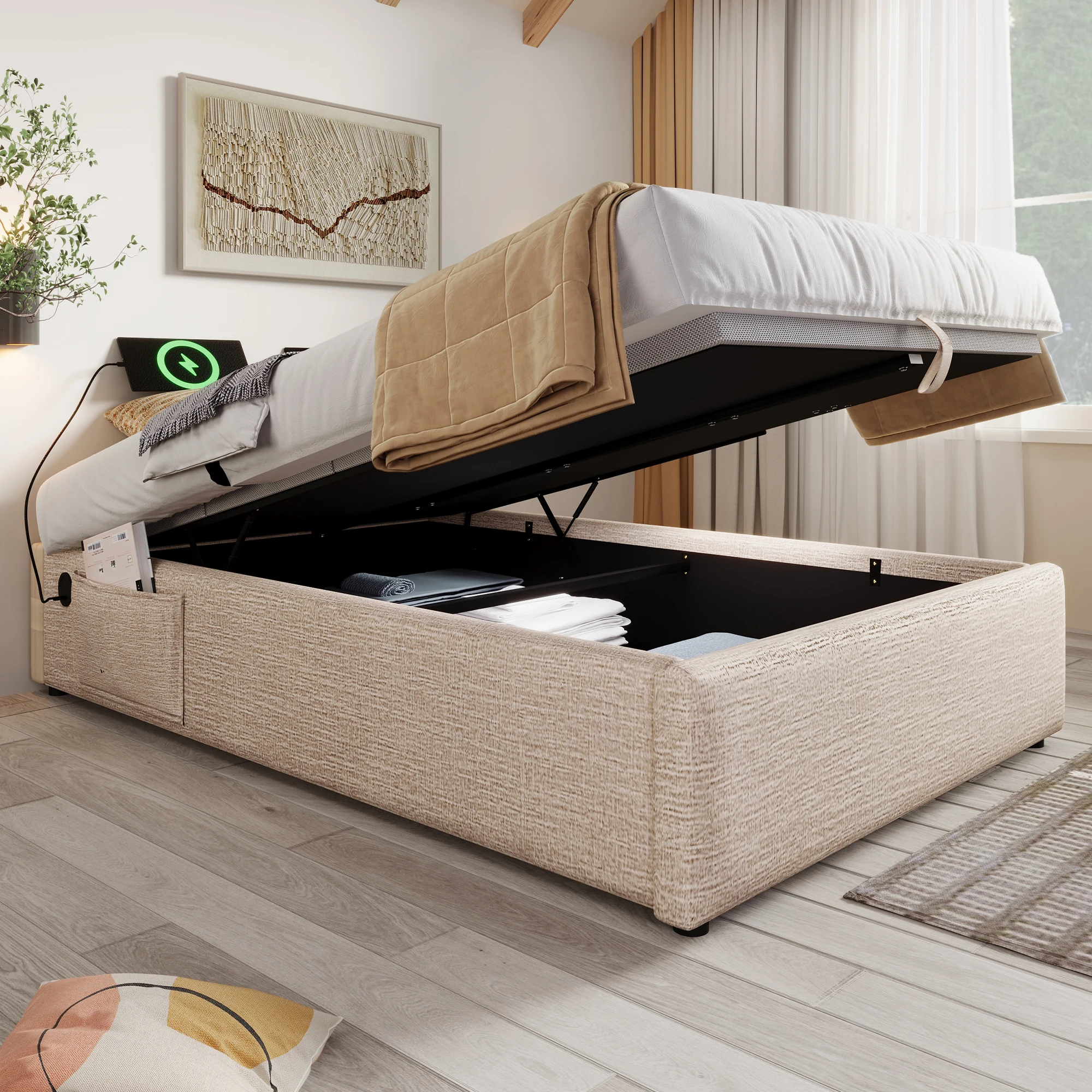 Gepolstertes Einzelbett 90×190 cm, Bettgestell mit Stauraum und USB-C, Lattenrost, Leinen, Naturfarben – Detail 15