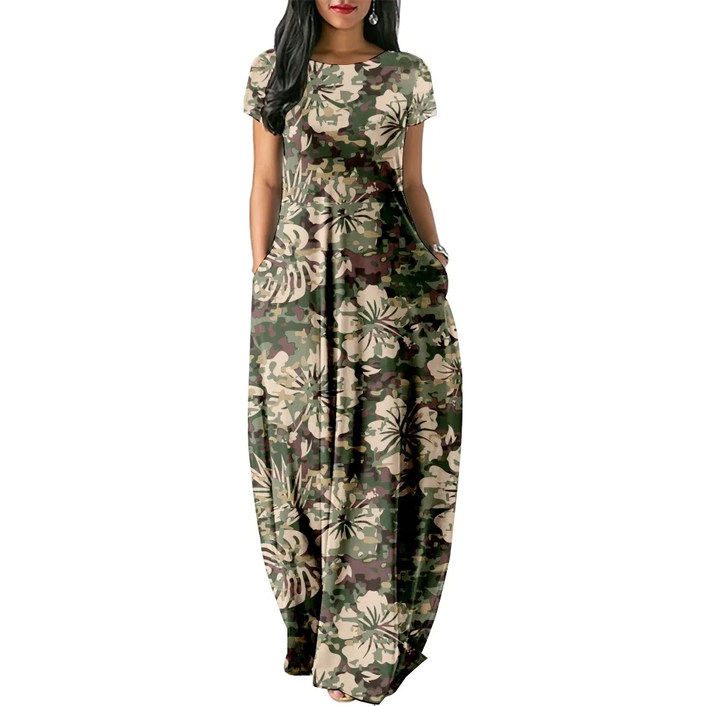 Camouflage flowers Print Women Casual Short Sleeve Dress Loose Long Double Pocket Beach Vacation DressWoman Dress