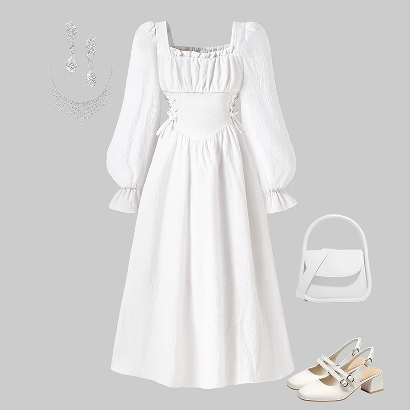 2025 Autumn New Princess Dress Solid Color White Square Collar Ruffled Long Sleeve A-Line Dress For Girls 8-12 Years Party Set