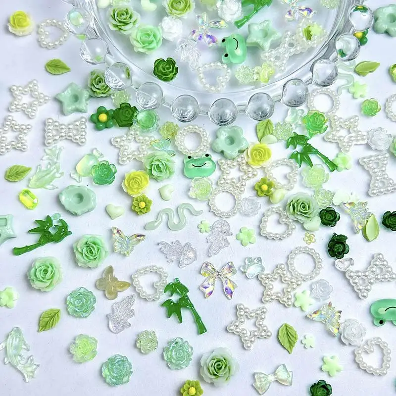 ネイルアートアクセサリー,グリーンシリーズ,透明椿,竹,グラデーションボウ,ミックス樹脂,チャーム,DIYパーツ,ノベルティ