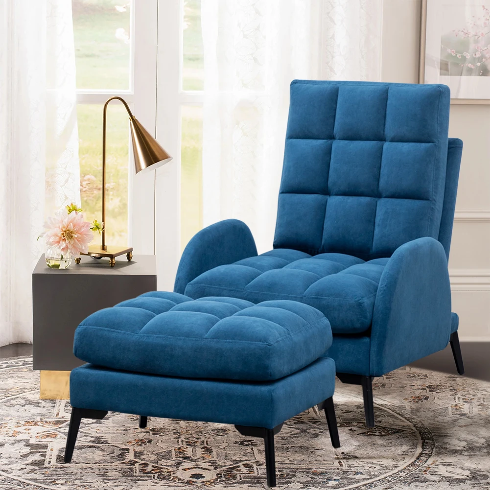 Blue Frosted Velvet Recliner Armchair with Thickened Footstool Living Room Furniture Lounge Chair Sofa