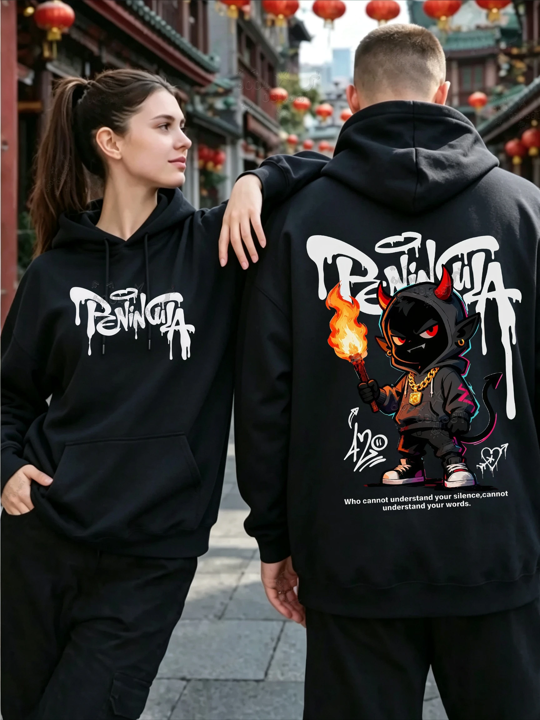Trendy couple back design devil print hooded sweatshirt for teenagers - soft and loose, a streetwear style with a hooded top.