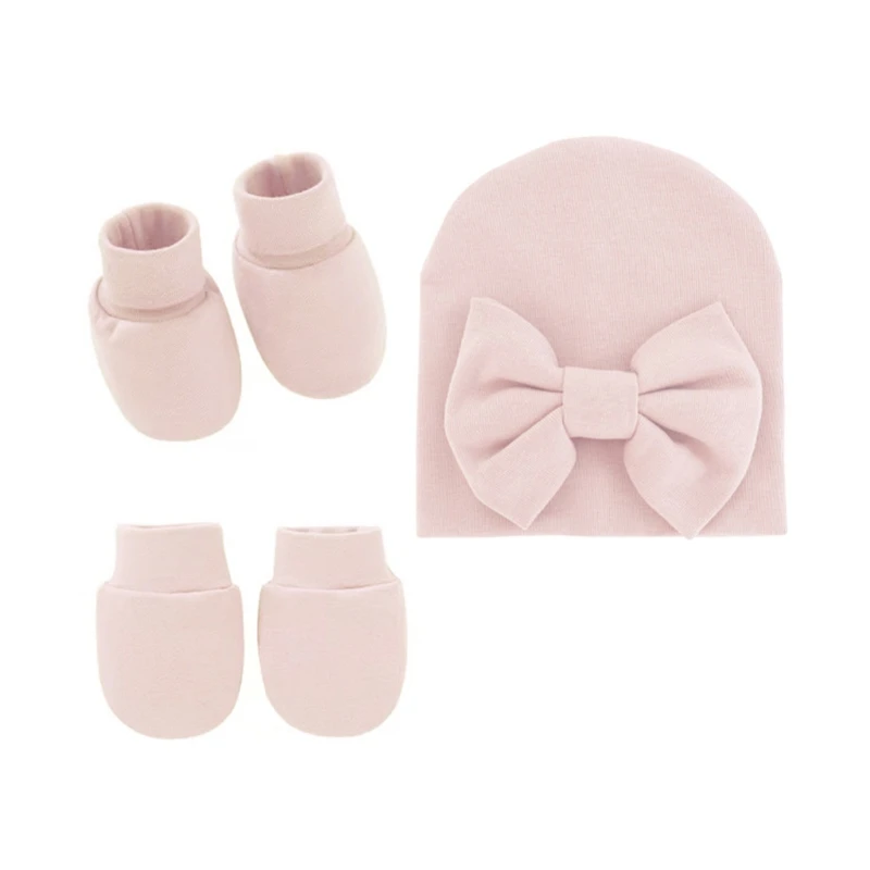 Baby Bowknot Hat No Scratch Gloves Foot Cover Set Infants Soft Cotton Mittens D5QA