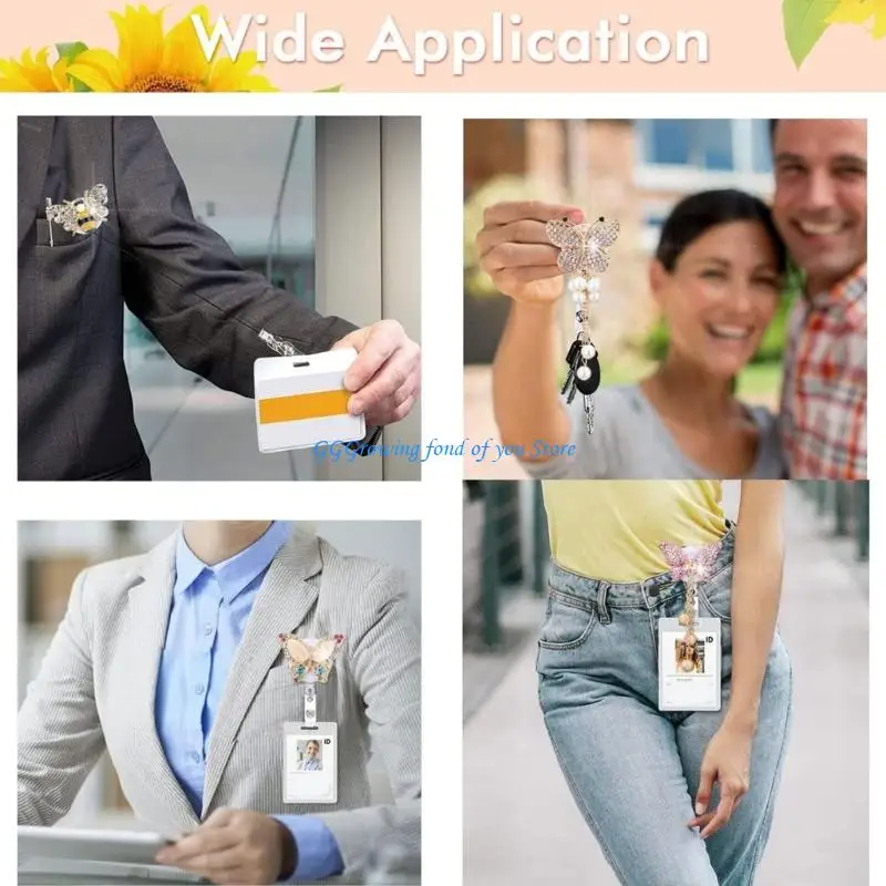 H9EB Stretchable Butterfly Rhinestones Badge Clip 60cm ABS Security Holder for Workplaces Cards and Access Passes