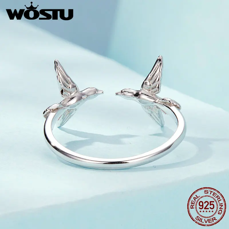 WOSTU Real 925 Sterling Silver Double Kingfisher Opening Ring For Women Cute Bird Stackable Rings Jewelry Gift Party Accessories