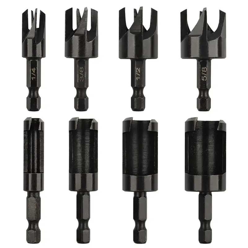 

BAAJ-Plug Cutter, 8Pcs Wood Plug Cutters Drill Bit Kit With 1/4 Hex Shank, Straight And Tapered Taper Cutting Tool Set