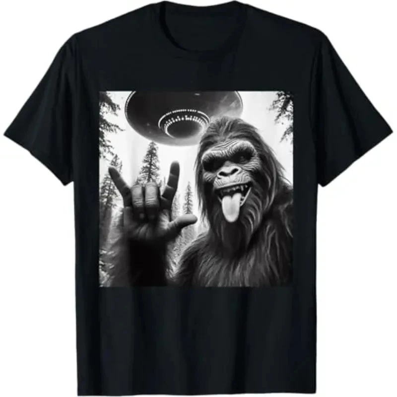 

Men's Casual T-Shirt Funny Bigfoot UFO Rock Gesture Graphic Print Short Sleeve Top Trendy Tee