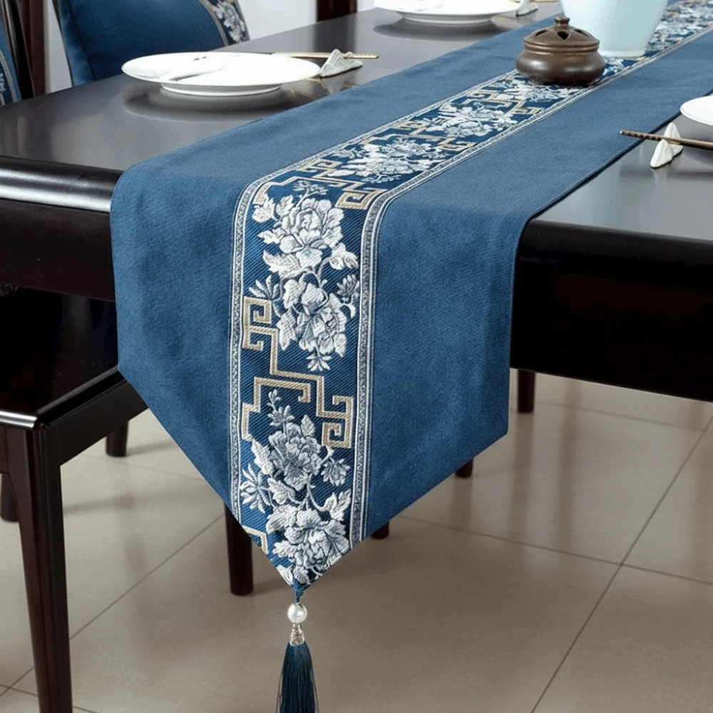 

Vintage Retro Table Flag Chinese Style Washable Tea Table Cloth with Tassel Decorative Floral Table Runner Hotel Decoration