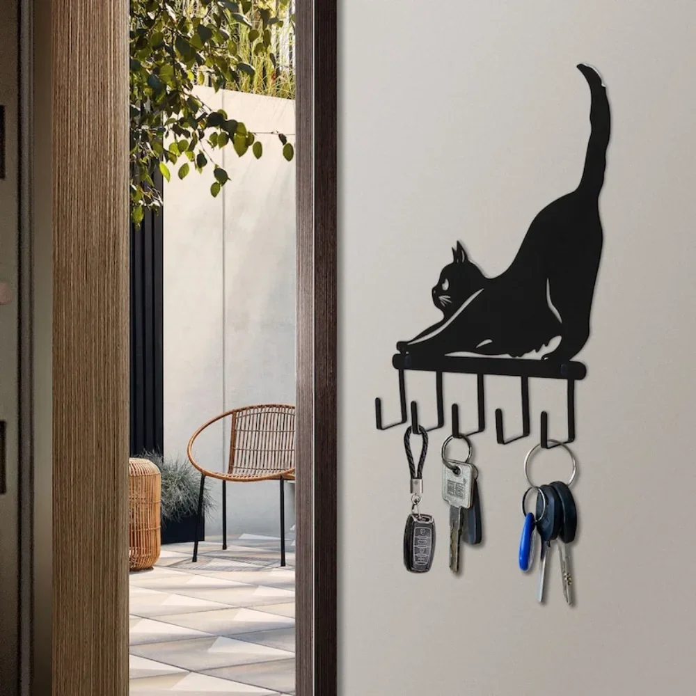 HELLOYOUNG  Cute Black Cat Key Holder Wall Key Hooks Coat Rack Wall Mount Metal Home Decors Bedroom Cat Lover Gifts Women Funny