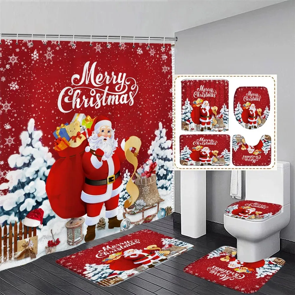 Red Christmas Shower Curtain Set Funny Santa Claus Gift Green Pine Branches Xmas Balls Home Bathroom Decor Bath Mat Toilet Cover