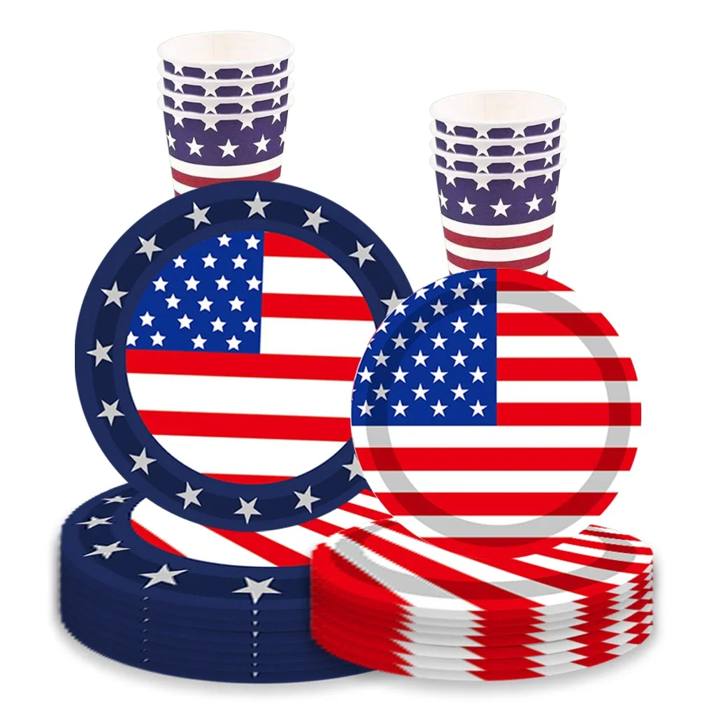 

8 Guests Independence Day Disposable Tableware American Flag Paper Plates Cups Napkins Happy Fourth Of July Party Supplies